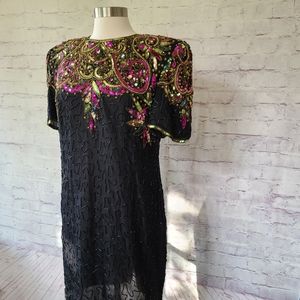 Vintage Laurance Kazar Silk Sequin Beaded Short Sleeve Shift Dress Black Pink XL
